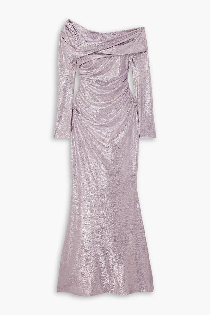 Talbot Runhof Off-the-shoulder draped metallic woven gown 1