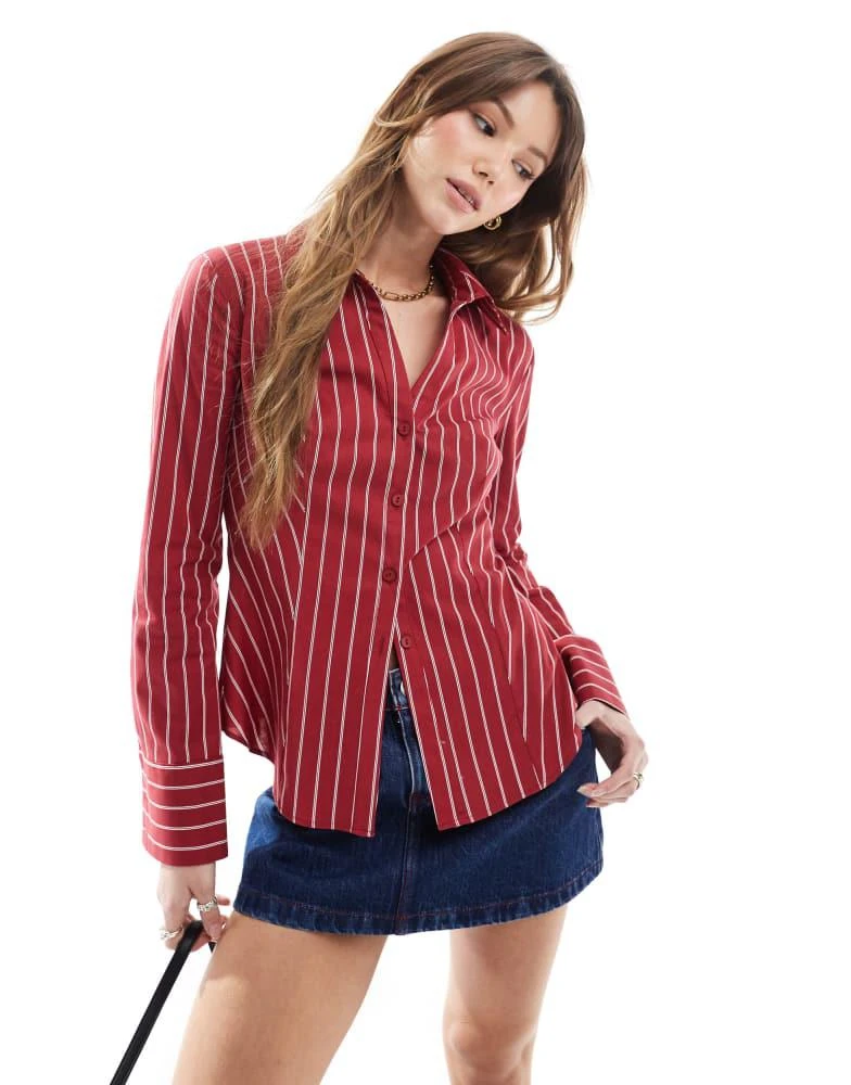 Miss Selfridge Miss Selfridge wide stripe fitted shirt in cherry red 1