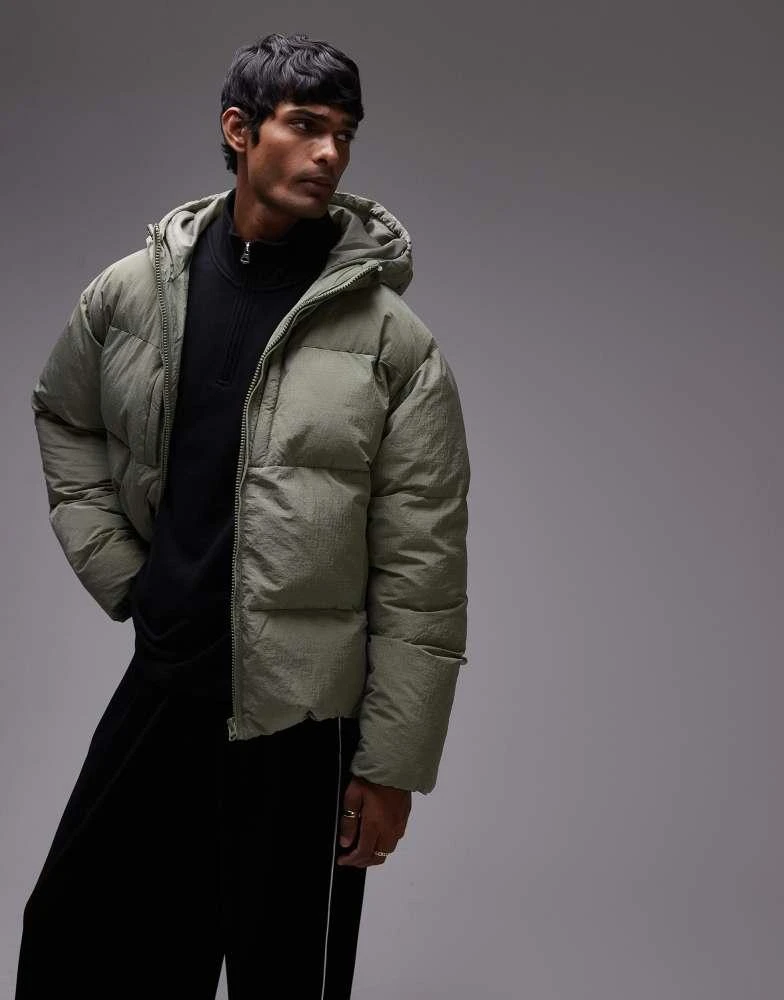 Topman Topman textured hooded puffer jacket in sage 1
