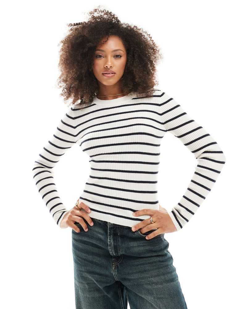 ONLY ONLY long sleeve crew neck knitted top in beige with navy stripes