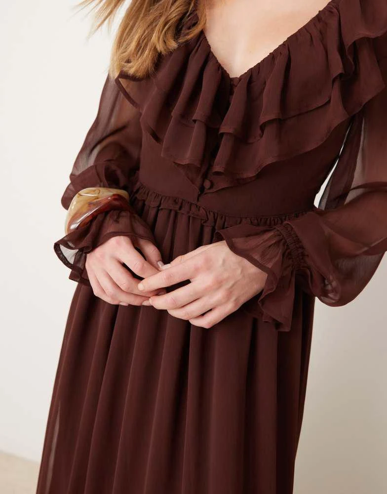 Miss Selfridge Miss Selfridge long sleeve ruffle detail maxi dress in chocolate 3