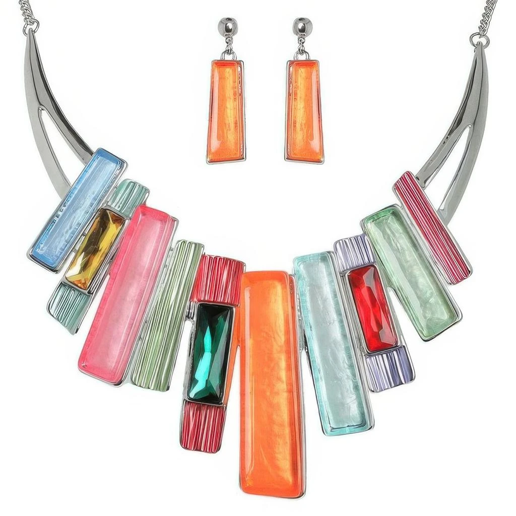 TRUEDAMES Geometric Fringe Gemstone Metal Bib Necklace Set