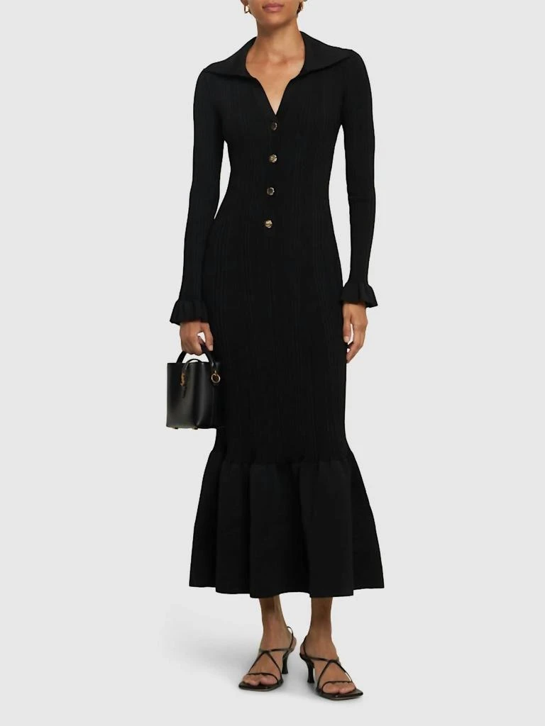 Self Portrait Fluted Rib Knit Midi Dress In Black 1