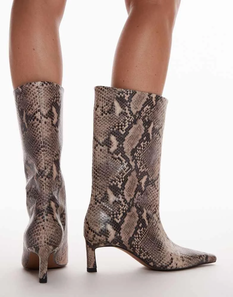 Topshop Tiggy premium leather tube boot in snake print – On Sale