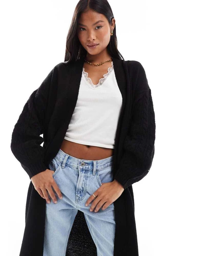 Threadbare Threadbare Petite cable knit longline cardigan in black 2