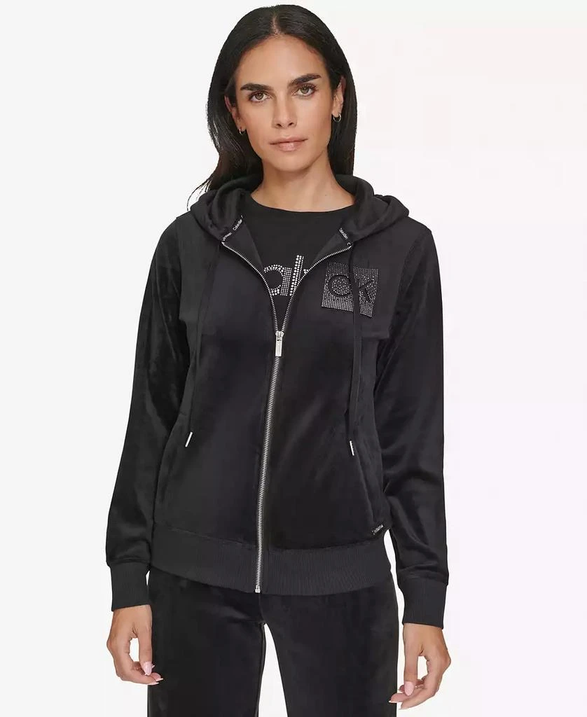 Calvin Klein Women's Metallic Logo Velour Zip-Front Hoodie 1