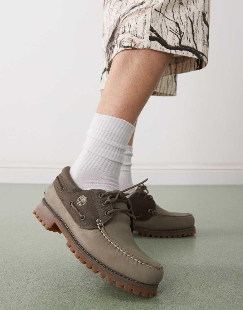 Shop Timberland Authentic 3 eye boat shoe in olive nubuck on Sale