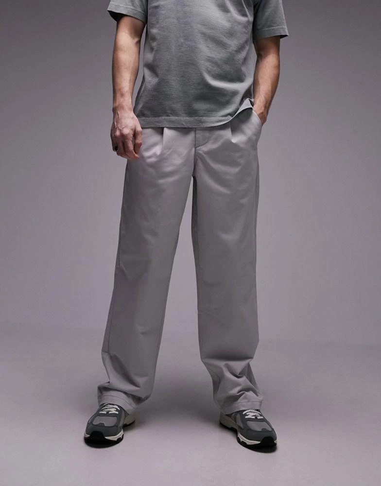 Topman Topman wide leg workwear chino trousers with pleats in grey 4