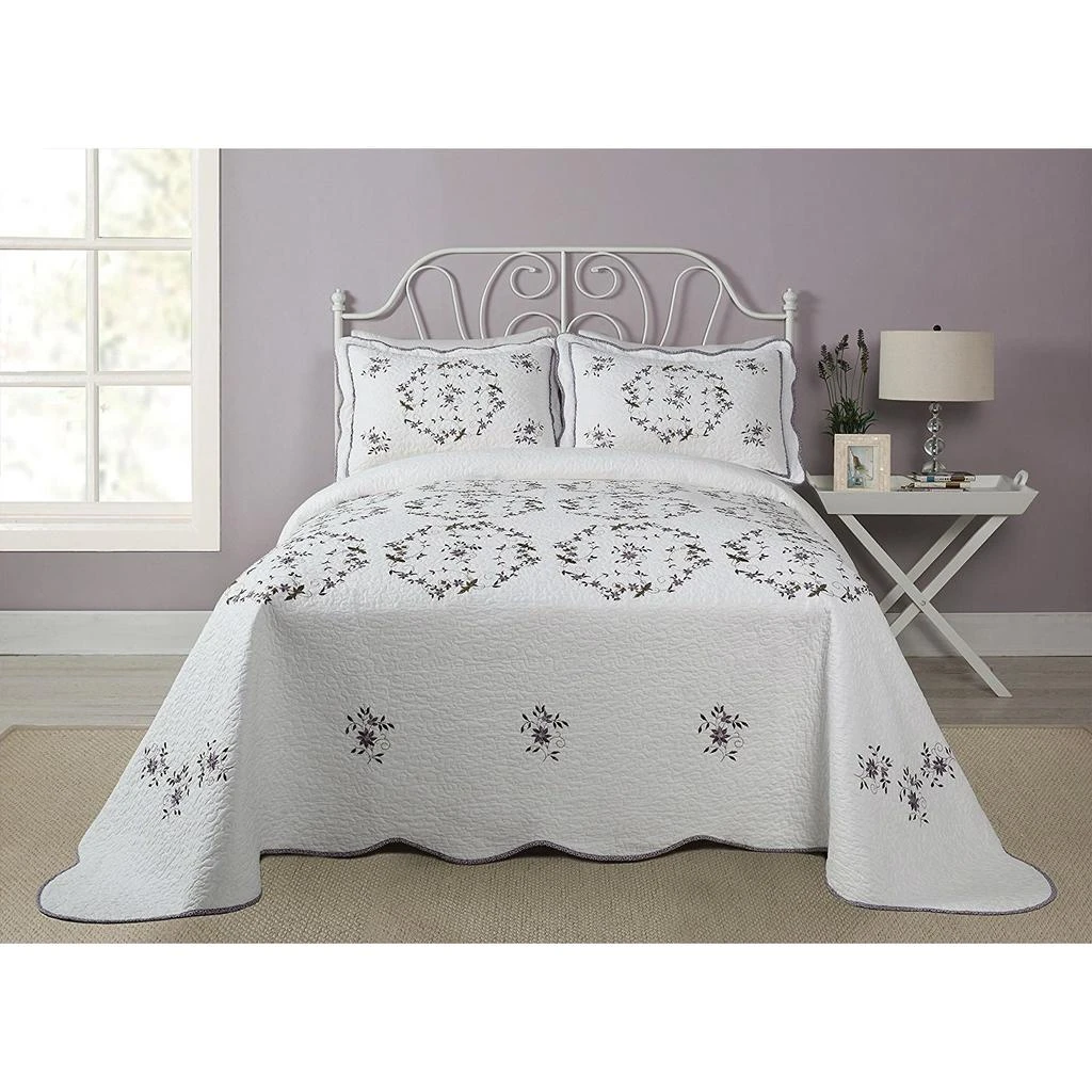 Hivvago Queen size Cotton Bedspread with Scalloped Edges and Floral Print Embroidery in White 2