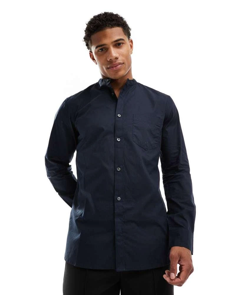 French Connection Mens French Connection long sleeve henley shirt with single breast pocket in navy 1
