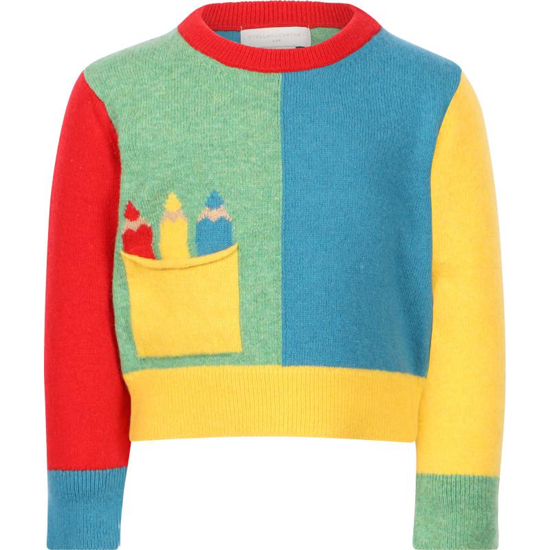 Stella McCartney Kids Color blocks pencils woolen sweater i love you long sleeved t shirt and twill skirt set