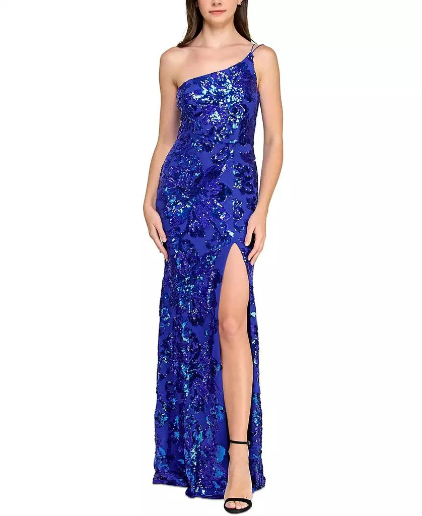 Crystal Doll Juniors' One-Shoulder Floral-Sequin Gown 1