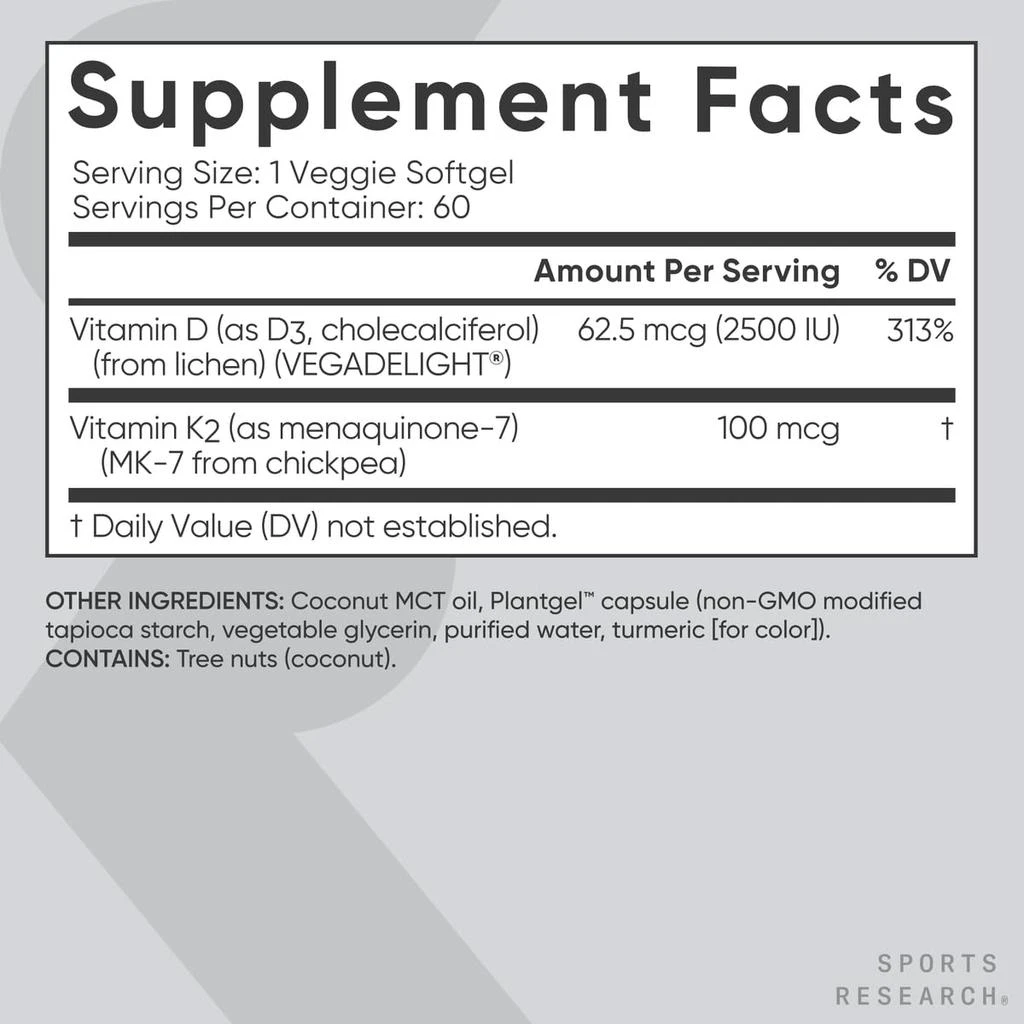 Sports Research Sports Research® Vitamin D3 + K2 w/Coconut Oil - Vegan Vitamin D 2500iu
Mk7 Vitamin K 100mcg for Bone
Immune Support - Vegan Certified · Non-GMO · Soy Free - 60 Softgels 5