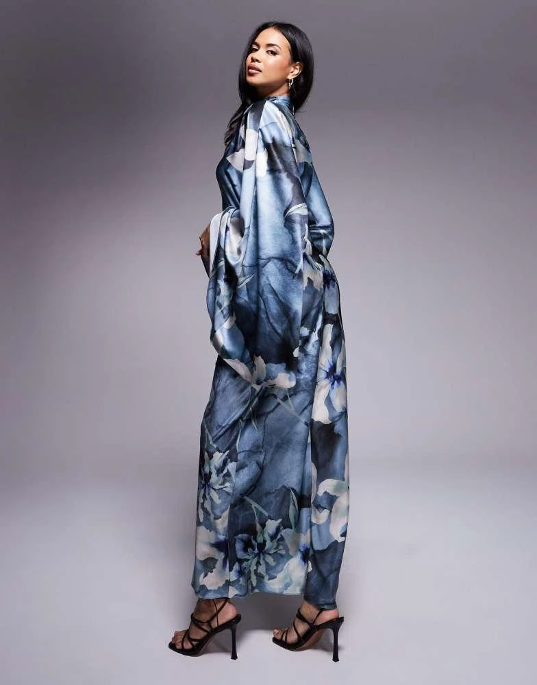 ASOS ASOS DESIGN funnel neck satin maxi dress with exaggerated sleeves in blue floral print 2