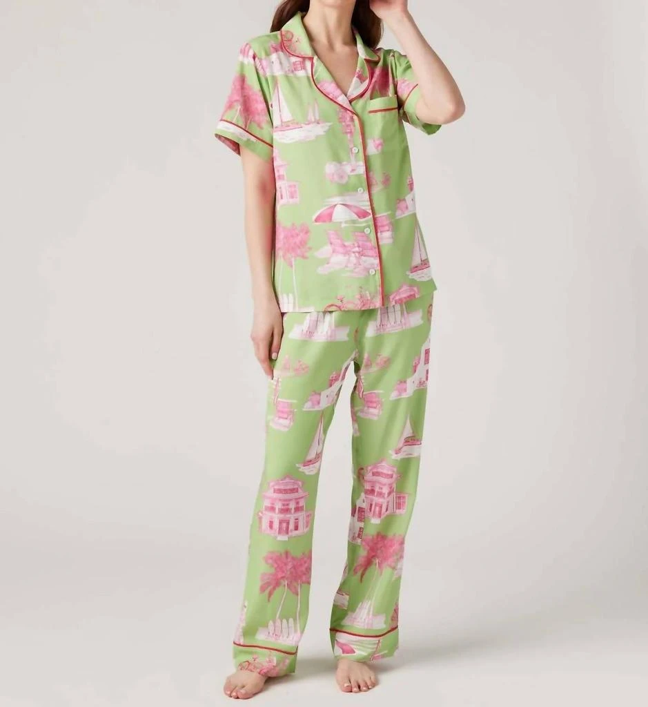 KATIE KIME Florida Toile Pajama Pants Set In Green Pink 2