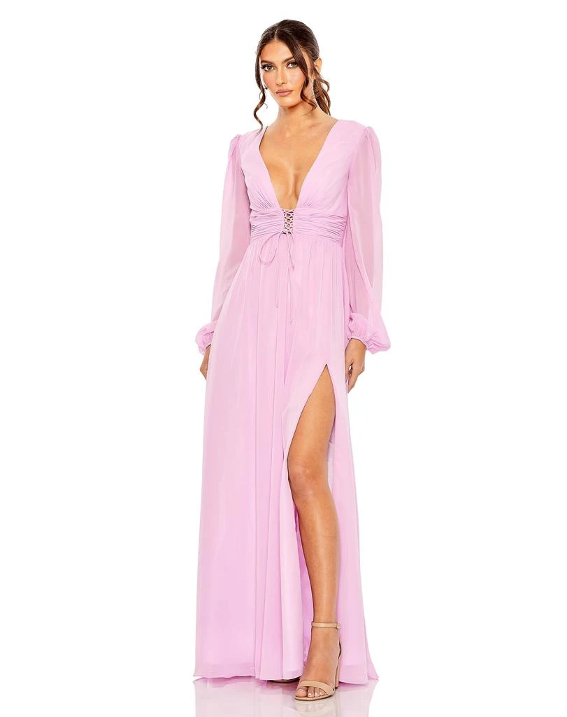 Ieena for Mac Duggal Plunge Neck Lace Up Evening Gown 1