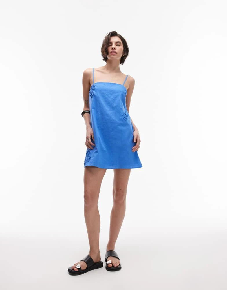 SNDYS SNDYS linen blend flower applique cami strap square neck mini dress in bright blue 2