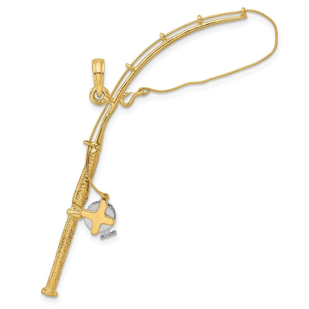 Diamond2Deal 10k Yellow Gold Rhodium 3-D Moveable Fishing Pole Reel Pendant 4