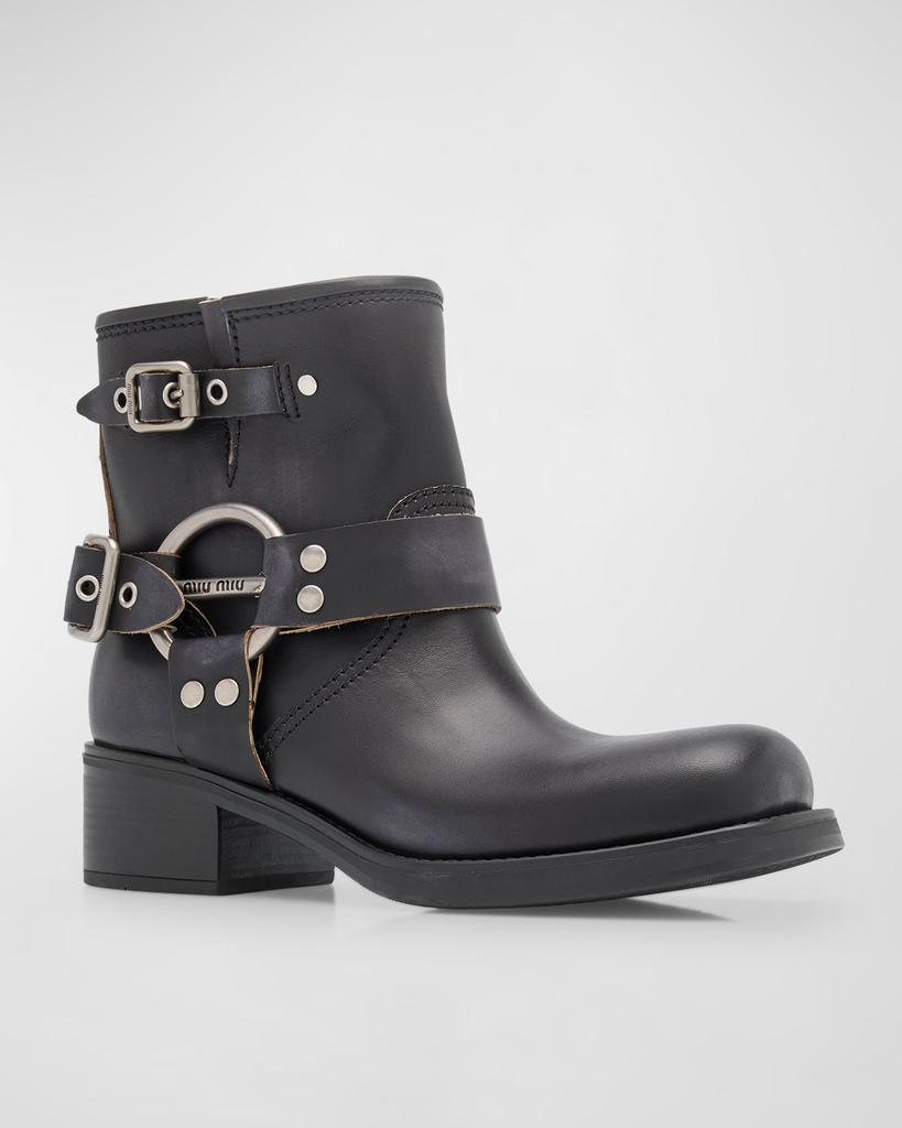 Miu Miu Leather Harness Buckle Biker Ankle Boots - Shoes