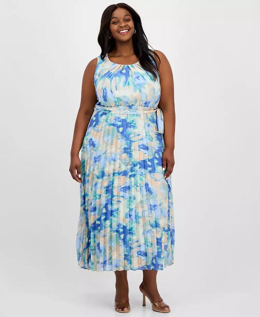 Sandra Darren Plus Size Printed Pleated Tie-Waist Dress