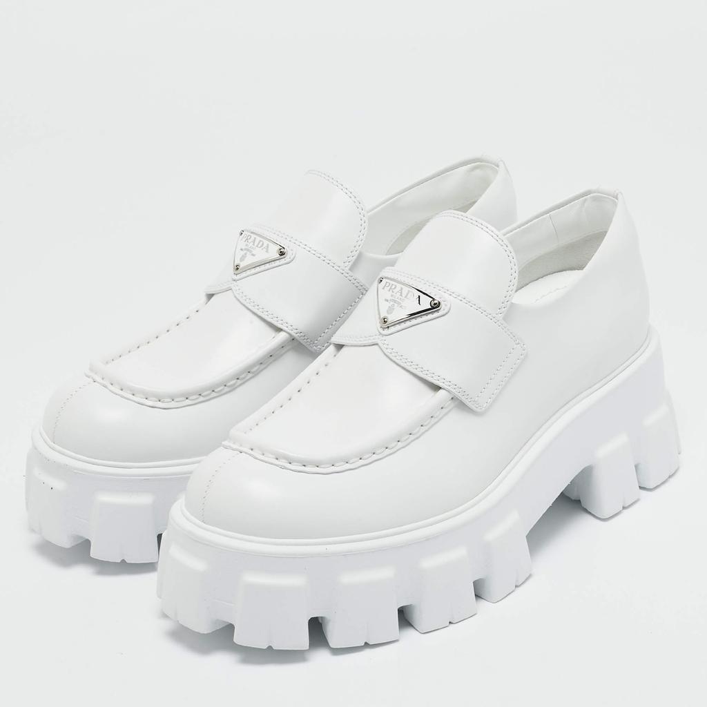 Prada Prada White Leather Monolith Triangle Logo Loafers Size 39