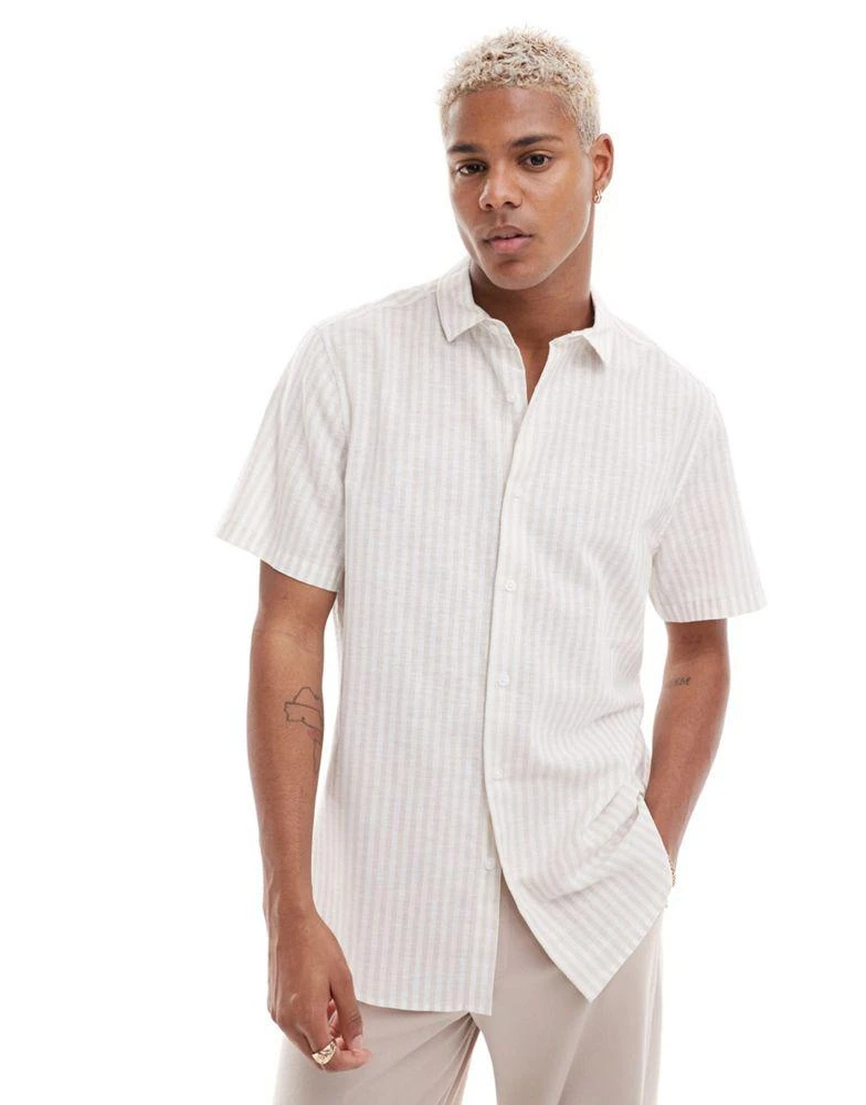 ASOS ASOS DESIGN smart linen mix stripe regular shirt with cutaway collar in beige 1