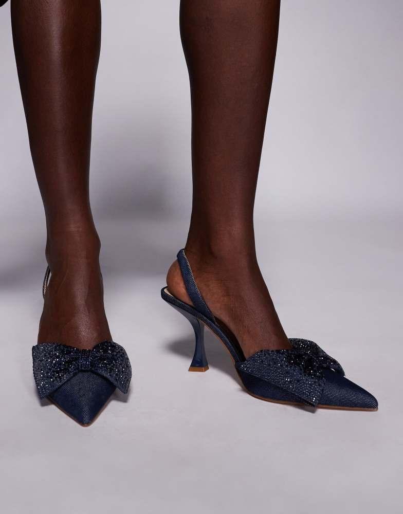 Steve Madden Steve Madden Niteowl sling back bow detail mid heel shoe in navy