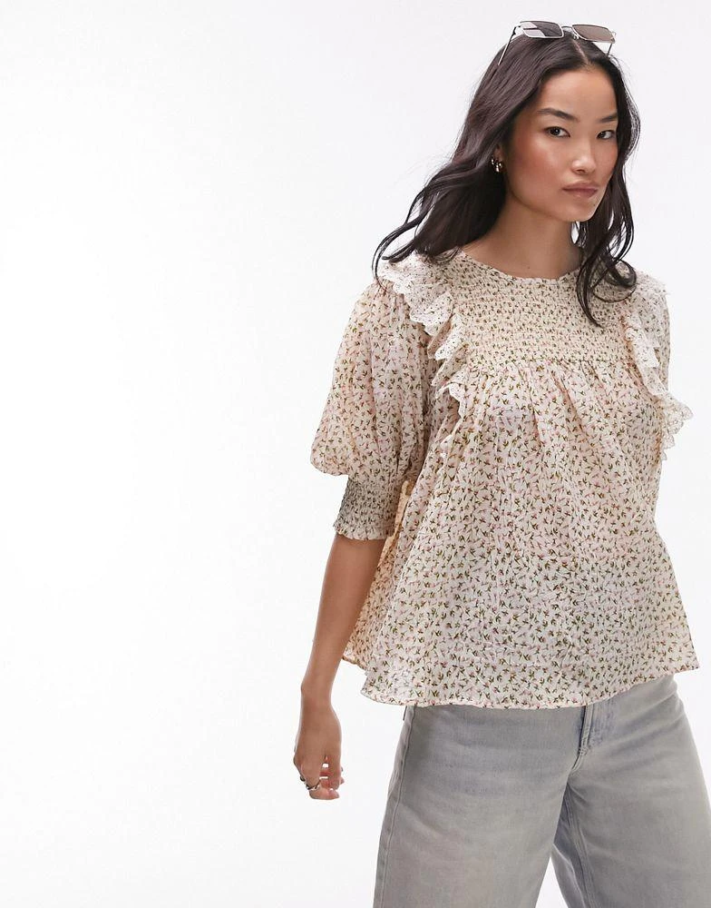 Topshop Topshop ditsy floral embroidered smock top in blush 1