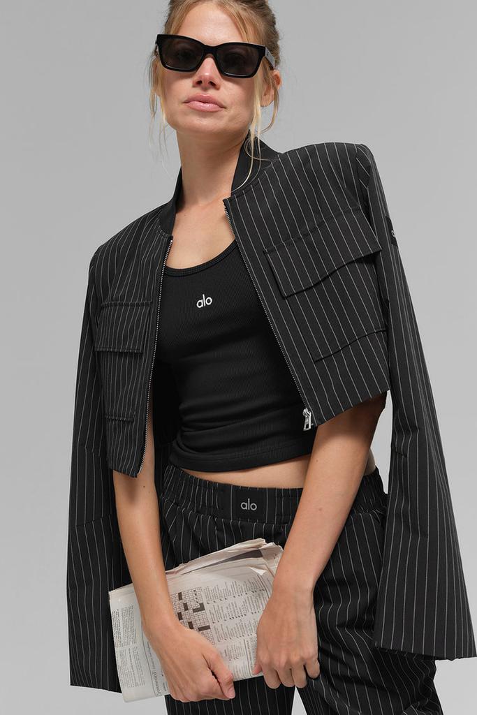 Alo Cropped Pinstripe Main Character Full Zip Jacket - Lunar Grey/White