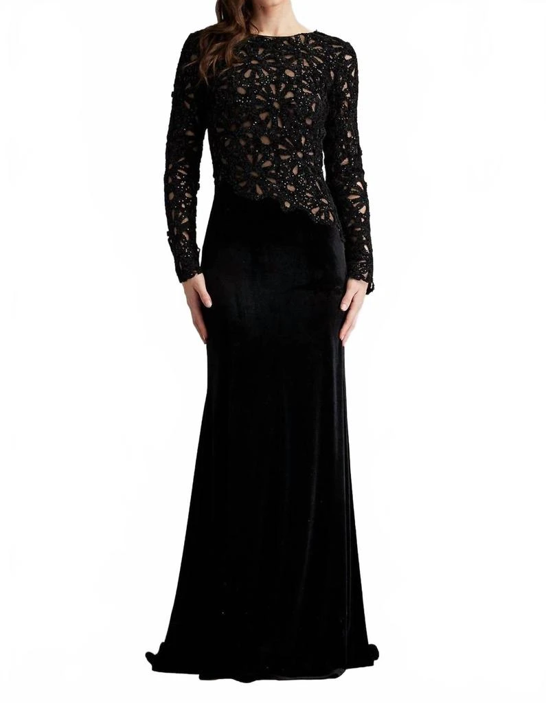 Tadashi Shoji Sinnott Chenille Embroidered Gown In Black/nude 1
