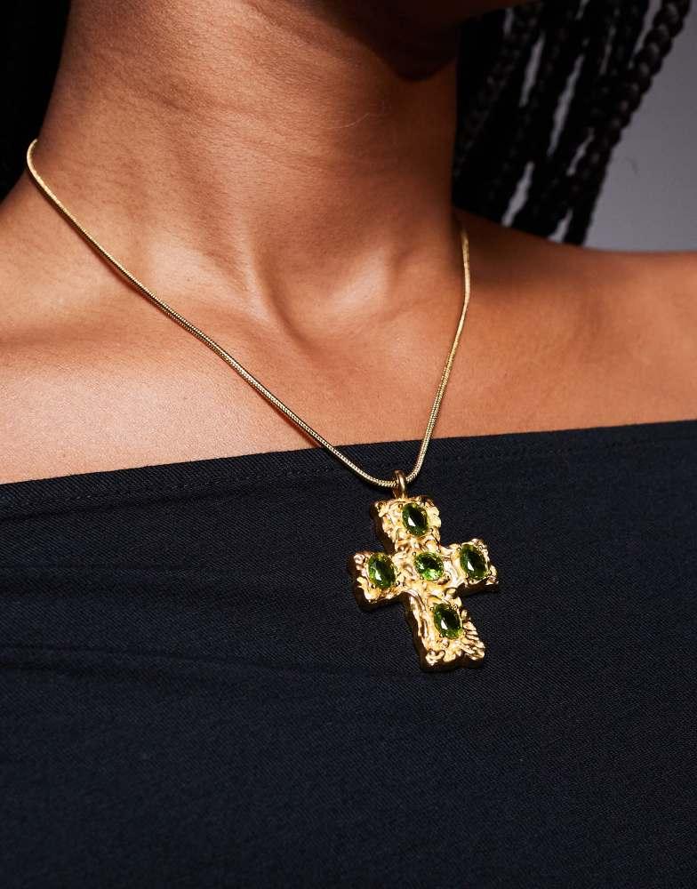 8 Other Reasons 8 Other Reasons molten cross pendant necklace with green stones in 18k gold plated