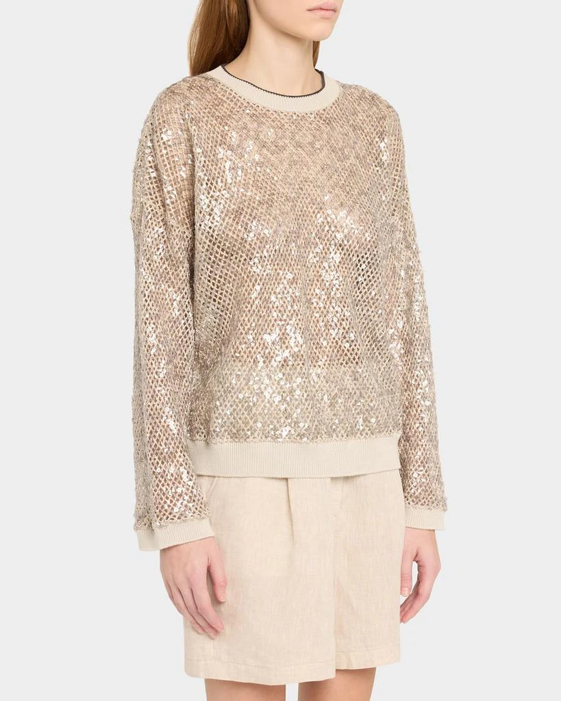 Brunello Cucinelli Linen-Silk Paillette Open Knit Crewneck Sweater 4