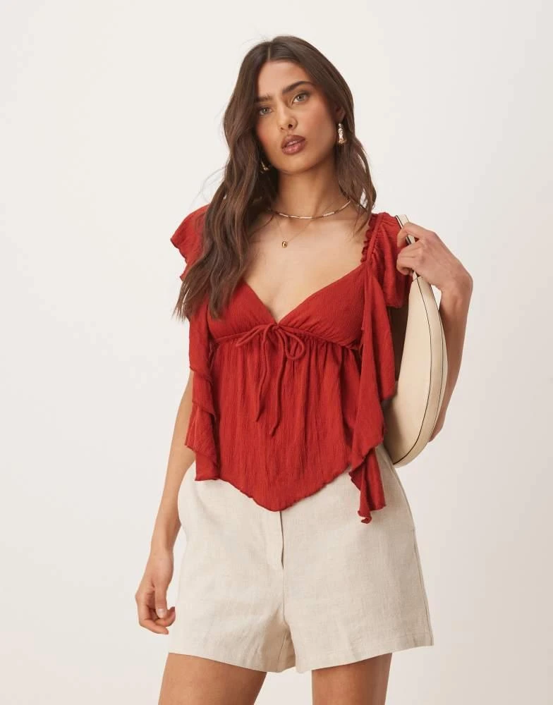 ASOS ASOS DESIGN crinkle flutter sleeve open back top in rust 1