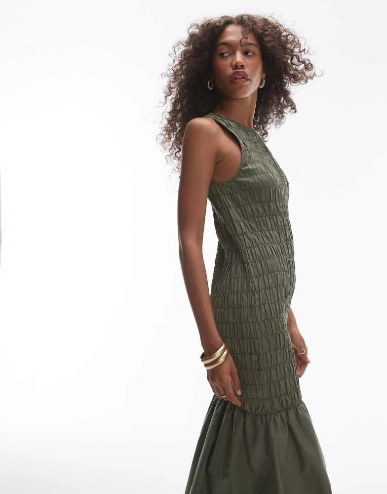 Topshop Topshop shirred maxi dress with contrast top stitch in khaki 2