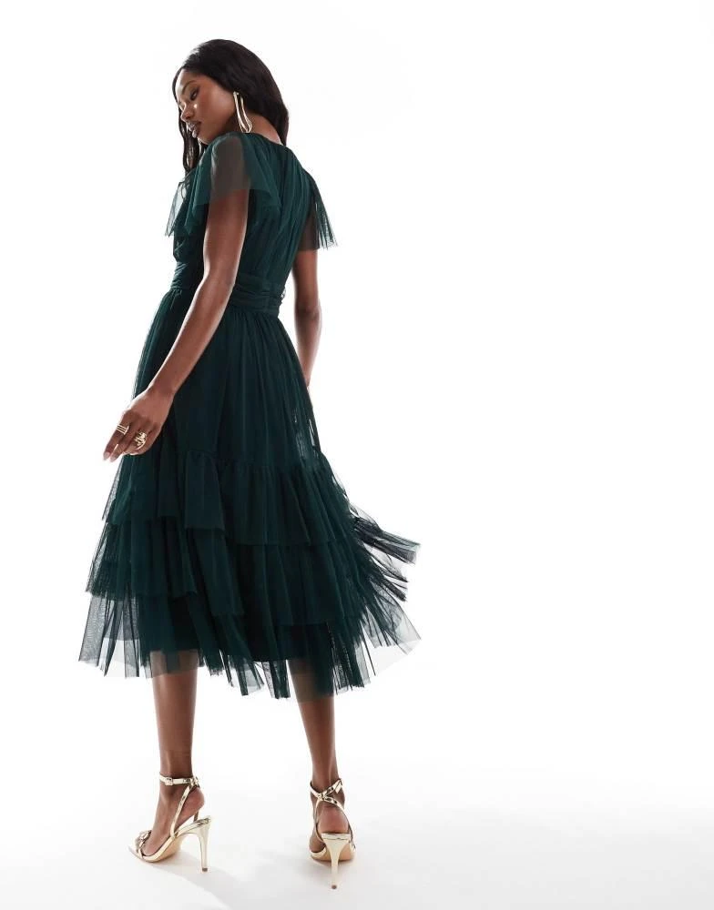Lace & Beads Lace & Beads Bridesmaid Madison v neck tulle midi dress in dark green 2
