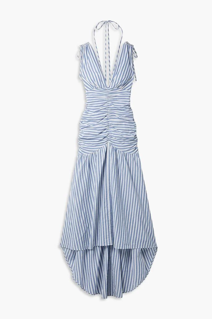 VERONICA BEARD Perrin ruched striped cotton-blend cloqué maxi dress 1