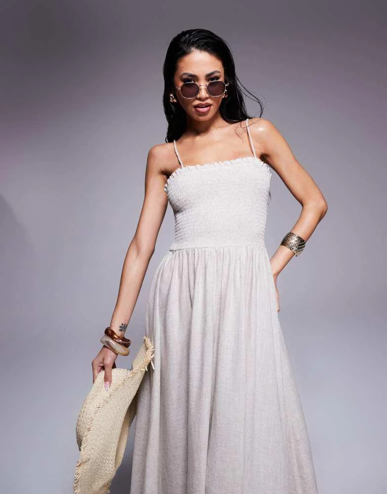 ASOS ASOS DESIGN Isabel linen blend shirred bandeau beach dress in natural 4