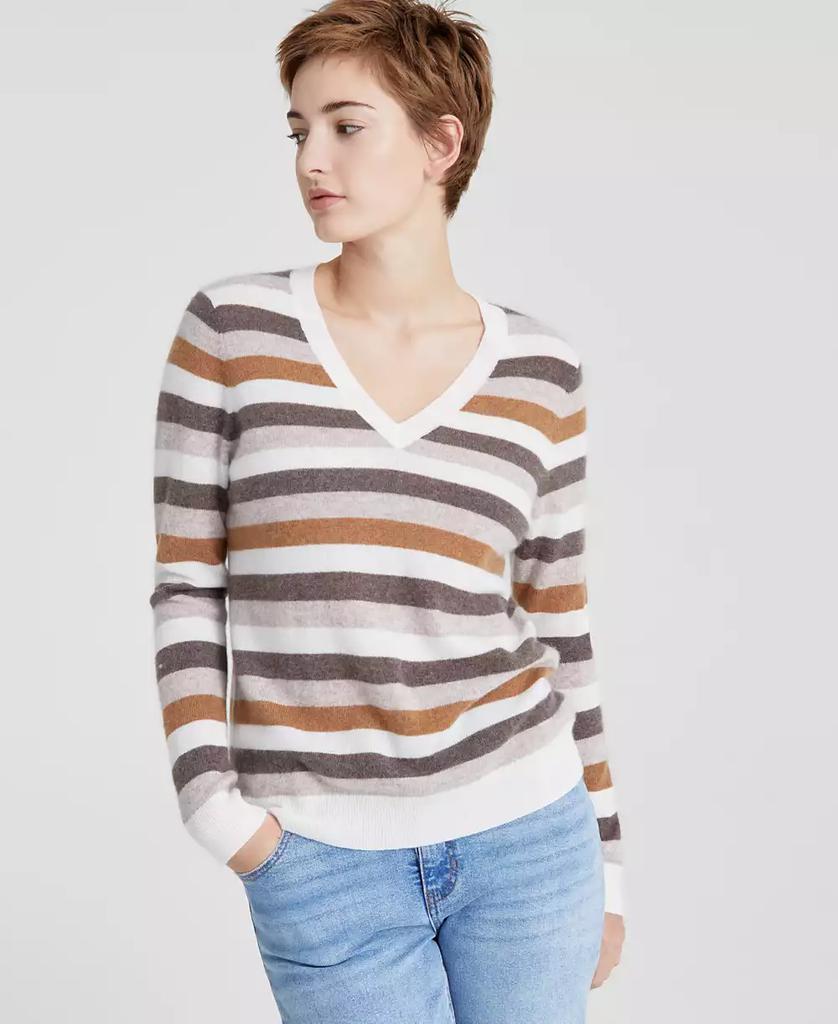 Charter Club Women's Striped 100% Cashmere V-Neck Sweater, Created for Macy's