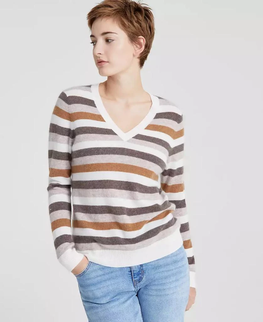 Charter Club Women's Striped 100% Cashmere V-Neck Sweater, Created for Macy's 1