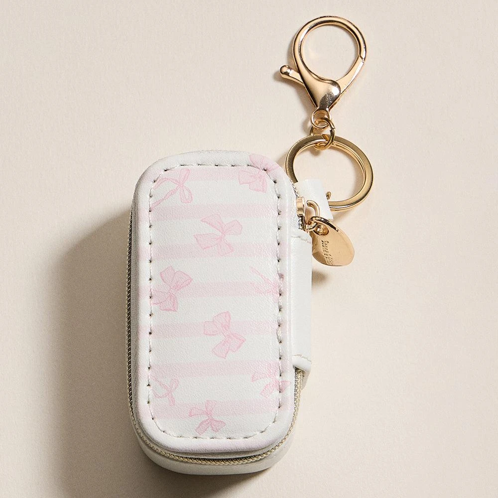 FASHNZFAB Bow Striped Pattern Printed Rectangular Travel Jewelry Case Keychain Bag Charm 3
