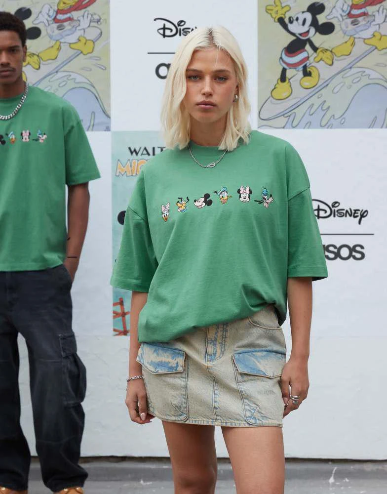 ASOS ASOS DESIGN Disney unisex oversized t-shirt with Mickey Mouse & Friends prints in washed green 1