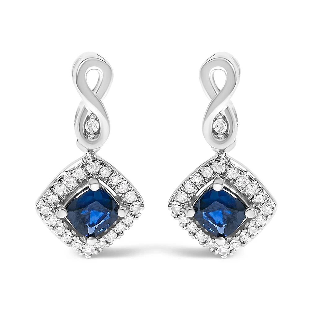 Haus of Brilliance 10K White Gold Blue  Sapphire and Diamond Halo Cushion Shaped Drop Earrings