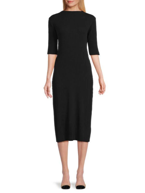 Vince Rib-Knit Boatneck Sheath Midi Dress 1