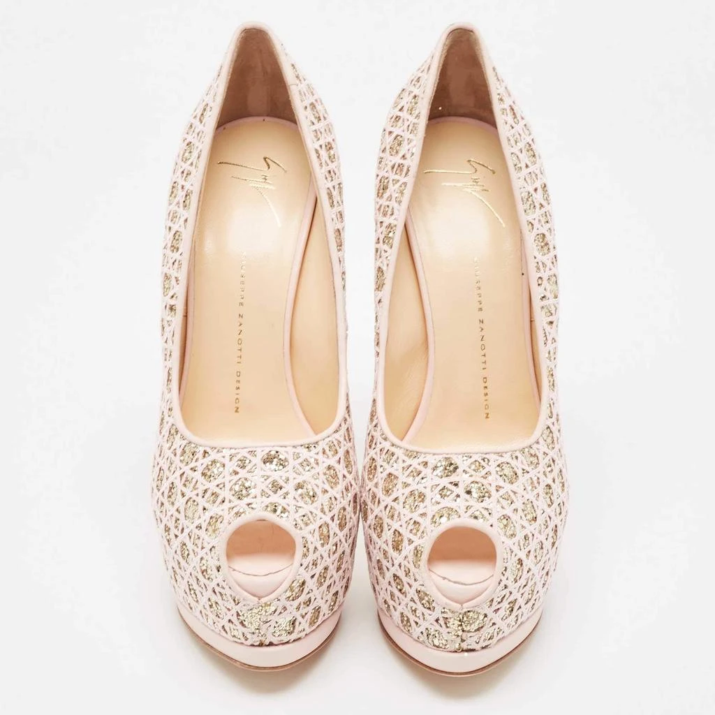 Giuseppe Zanotti Giuseppe Zanotti Pink Glitter Lace and Leather Sharon Platform Peep Toe Pumps Size 41 3