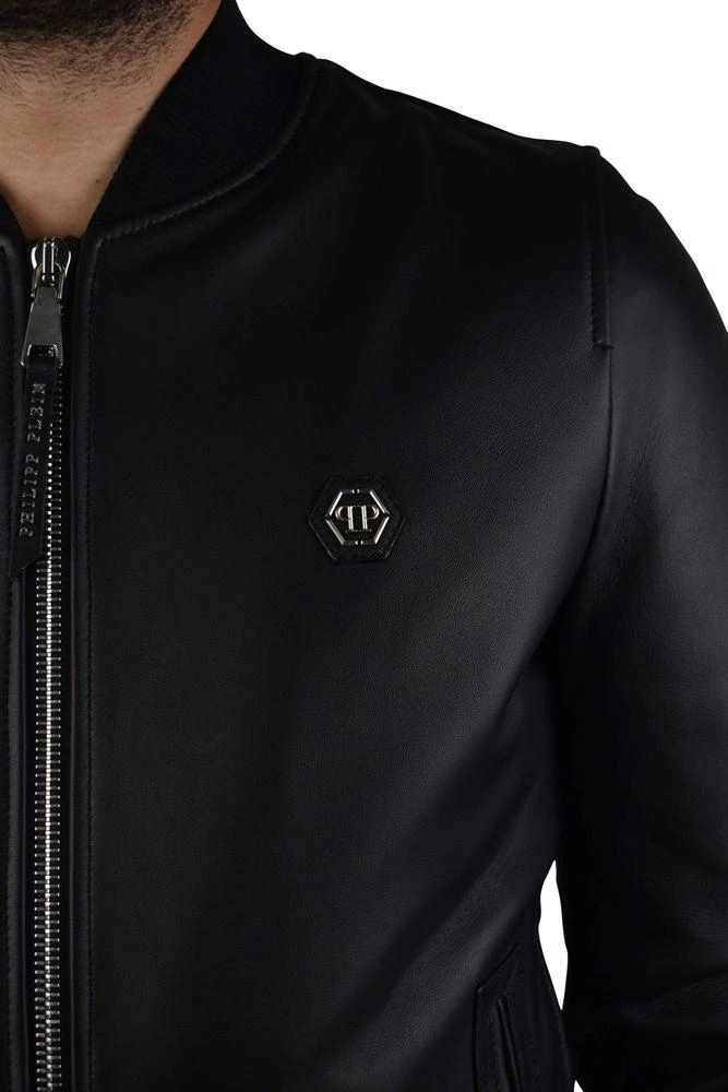 Philipp Plein Black Leather Bomber Jacket With Silver Accents 2