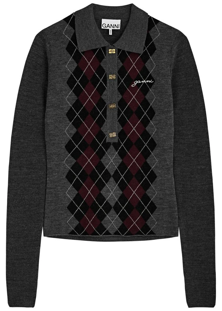 Ganni Argyle-intarsia wool polo jumper  1