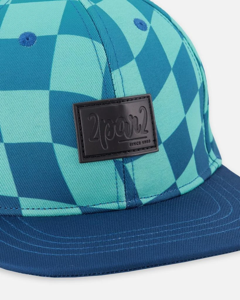 Deux par Deux Flat Brim Cap Teal Printed Checkerboard 3