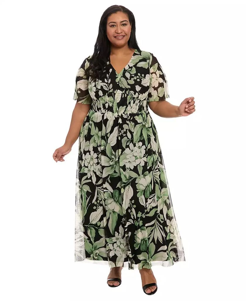 London Times Plus Size Floral-Print Smocked Maxi Dress 1
