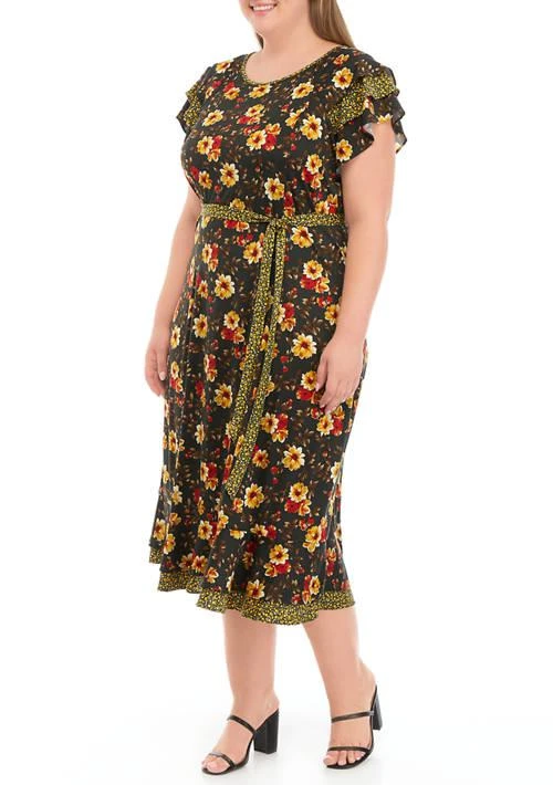 Perceptions Plus Size Short Flutter Sleeve Tie Waist Ditsy Print Midi Dress 1