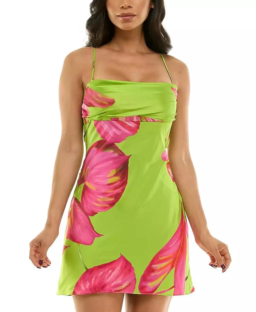 Juniors' Floral Satin Draped-Neck Mini Dress  On Sale Now with Up to 40%  Off | Discover Exclusive Deals & Savings at BeyondStyle  Authentic City  Studios clothe|women|dresses|juniors|dress with Limited-Time Discounts, Free